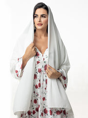 BA5101 abaya set Embroidered Print Flared Maxi Dress with Textured Cotton-Silk Blend, Open Front Robe, and Headscarf Three-Piece Set