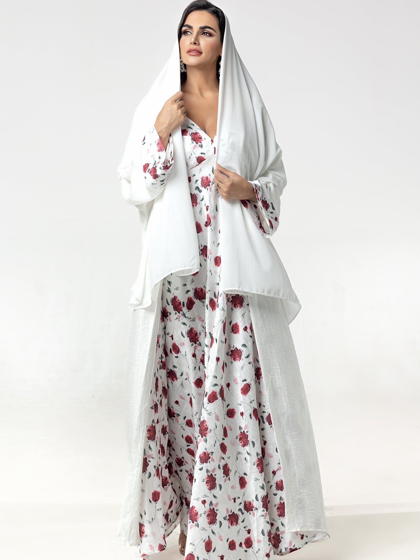 BA5101 abaya set Embroidered Print Flared Maxi Dress with Textured Cotton-Silk Blend, Open Front Robe, and Headscarf Three-Piece Set