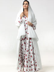 BA5101 abaya set Embroidered Print Flared Maxi Dress with Textured Cotton-Silk Blend, Open Front Robe, and Headscarf Three-Piece Set