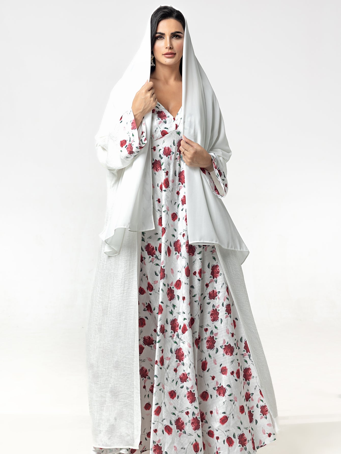 BA5101 abaya set Embroidered Print Flared Maxi Dress with Textured Cotton-Silk Blend, Open Front Robe, and Headscarf Three-Piece Set