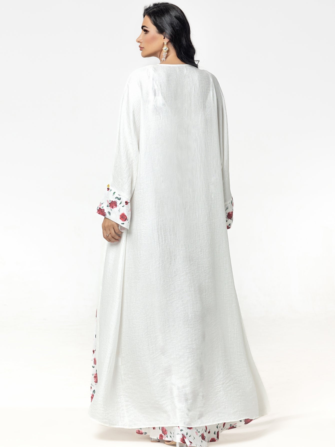BA5101 abaya set Embroidered Print Flared Maxi Dress with Textured Cotton-Silk Blend, Open Front Robe, and Headscarf Three-Piece Set