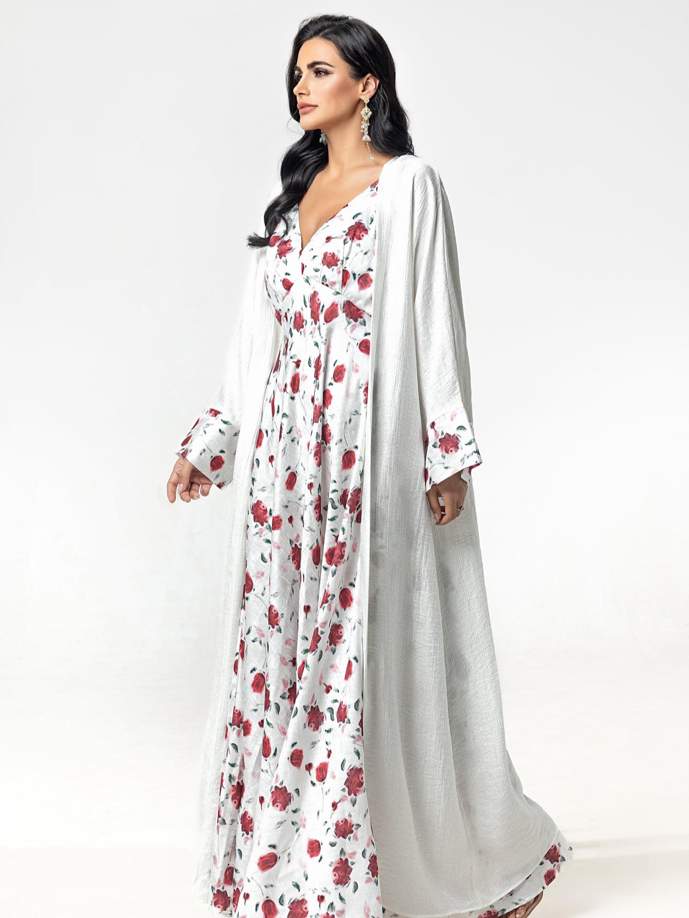BA5101 abaya set Embroidered Print Flared Maxi Dress with Textured Cotton-Silk Blend, Open Front Robe, and Headscarf Three-Piece Set