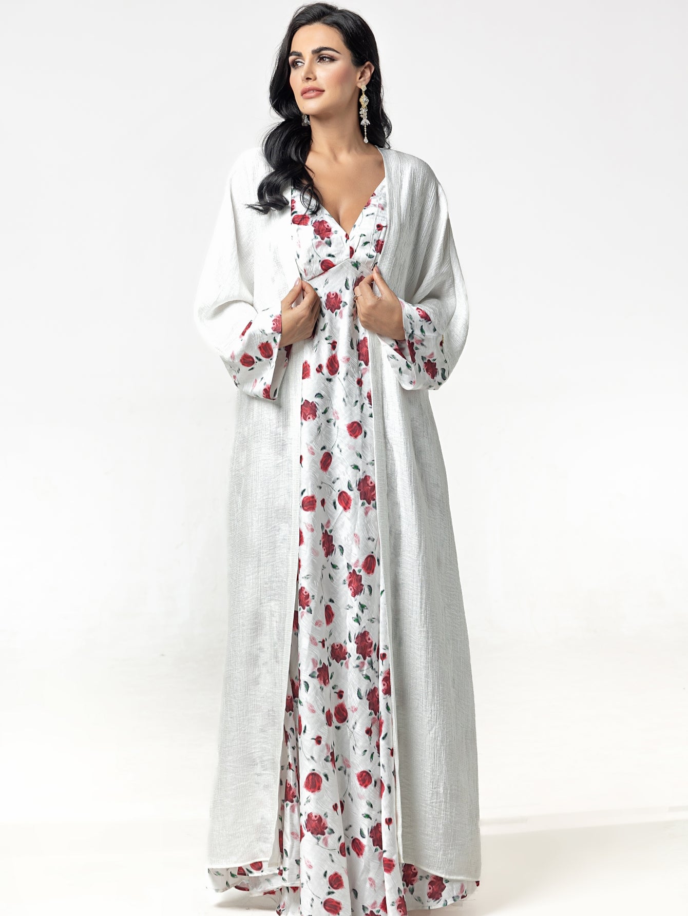 BA5101 abaya set Embroidered Print Flared Maxi Dress with Textured Cotton-Silk Blend, Open Front Robe, and Headscarf Three-Piece Set