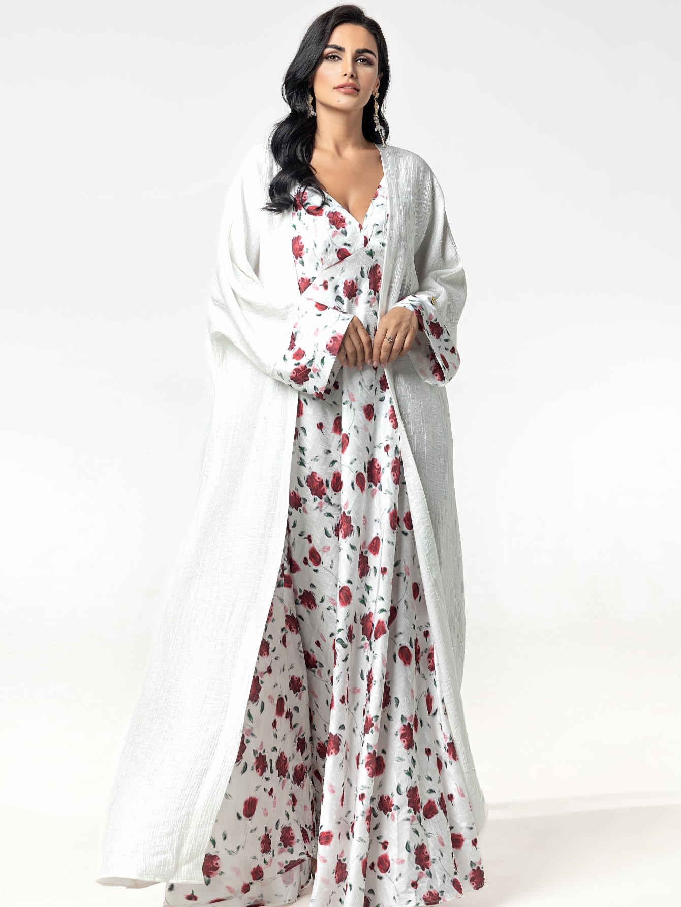 BA5101 abaya set Embroidered Print Flared Maxi Dress with Textured Cotton-Silk Blend, Open Front Robe, and Headscarf Three-Piece Set