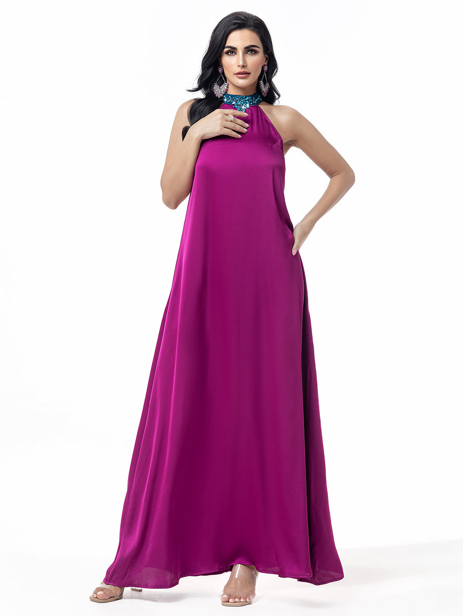 Embellished Dress and Abaya Two-Piece Set in Fuchsia - sleeveless inner dress, front full-length view