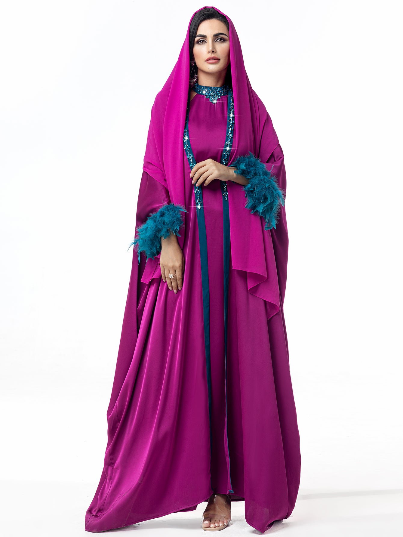 15120 Hand-Swen Bead Embellshments Rhinestone Long Abaya,  Elegant Rmantic Glamorous Vacation Fantasy Long And Short Sleeve