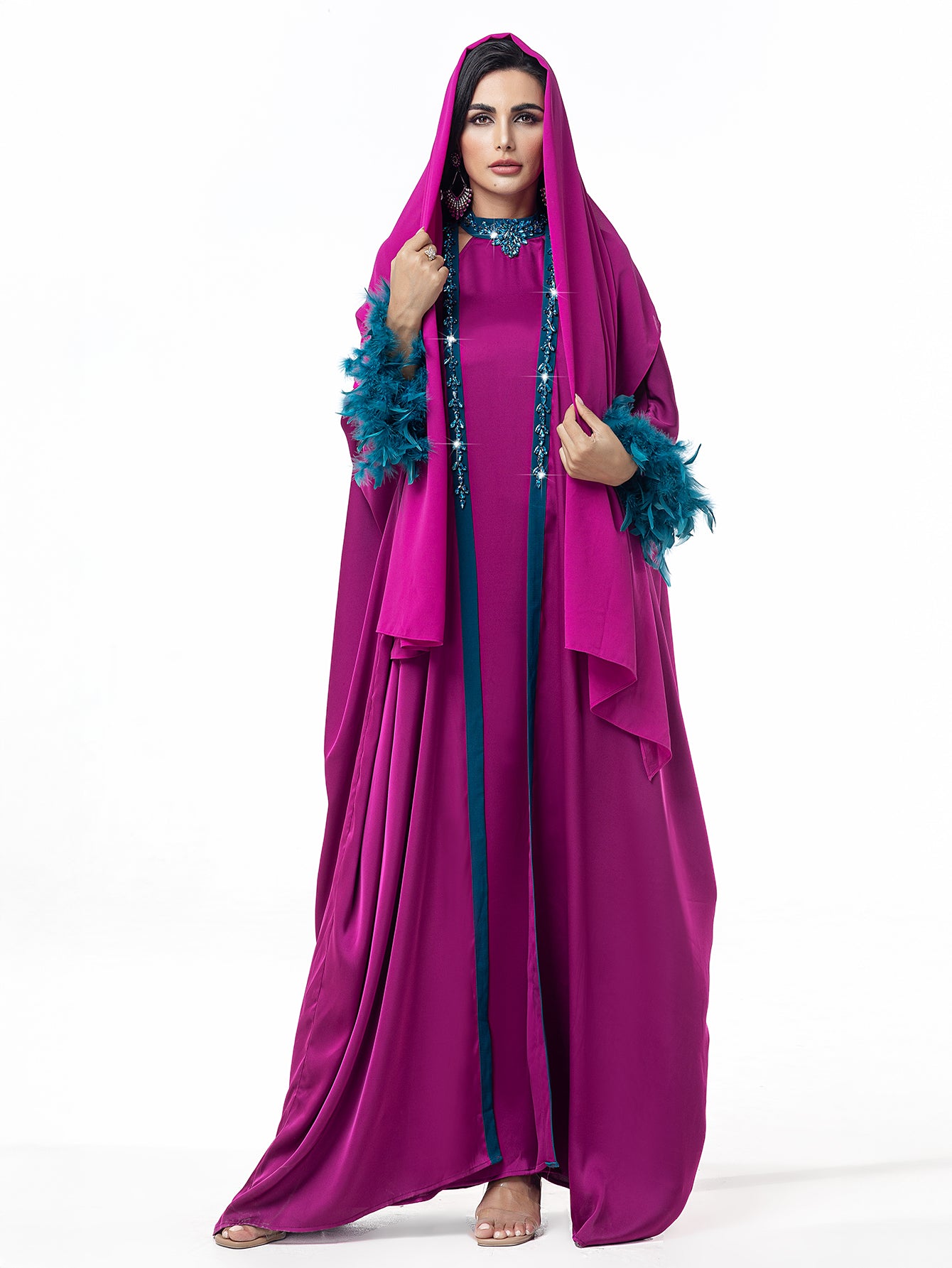 15120 Hand-Swen Bead Embellshments Rhinestone Long Abaya,  Elegant Rmantic Glamorous Vacation Fantasy Long And Short Sleeve