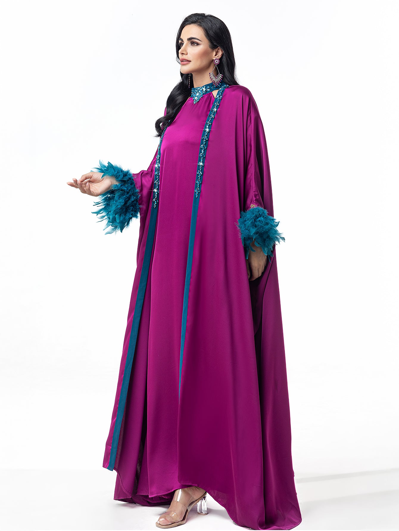 15120 Hand-Swen Bead Embellshments Rhinestone Long Abaya,  Elegant Rmantic Glamorous Vacation Fantasy Long And Short Sleeve