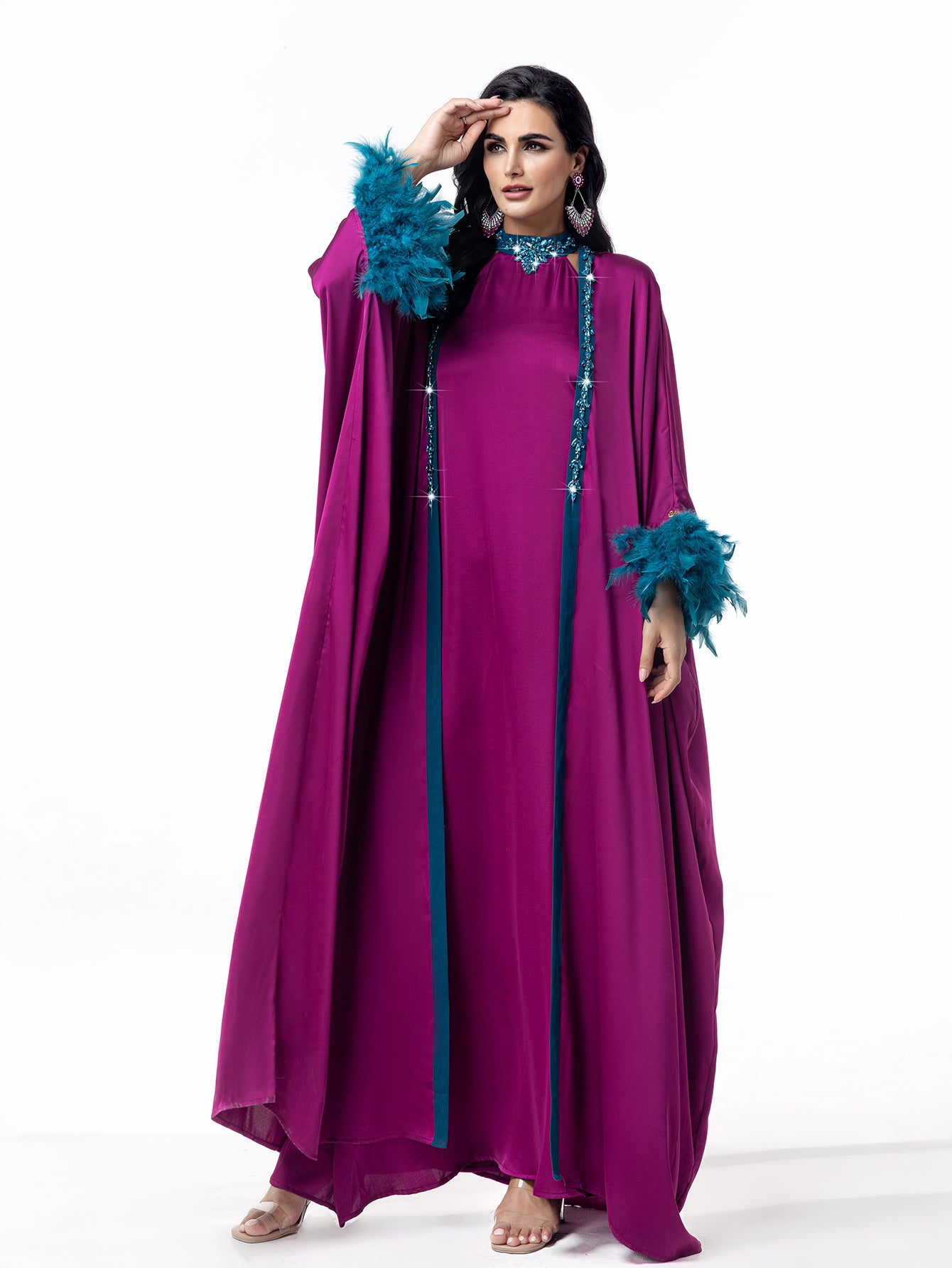 15120 Hand-Swen Bead Embellshments Rhinestone Long Abaya,  Elegant Rmantic Glamorous Vacation Fantasy Long And Short Sleeve