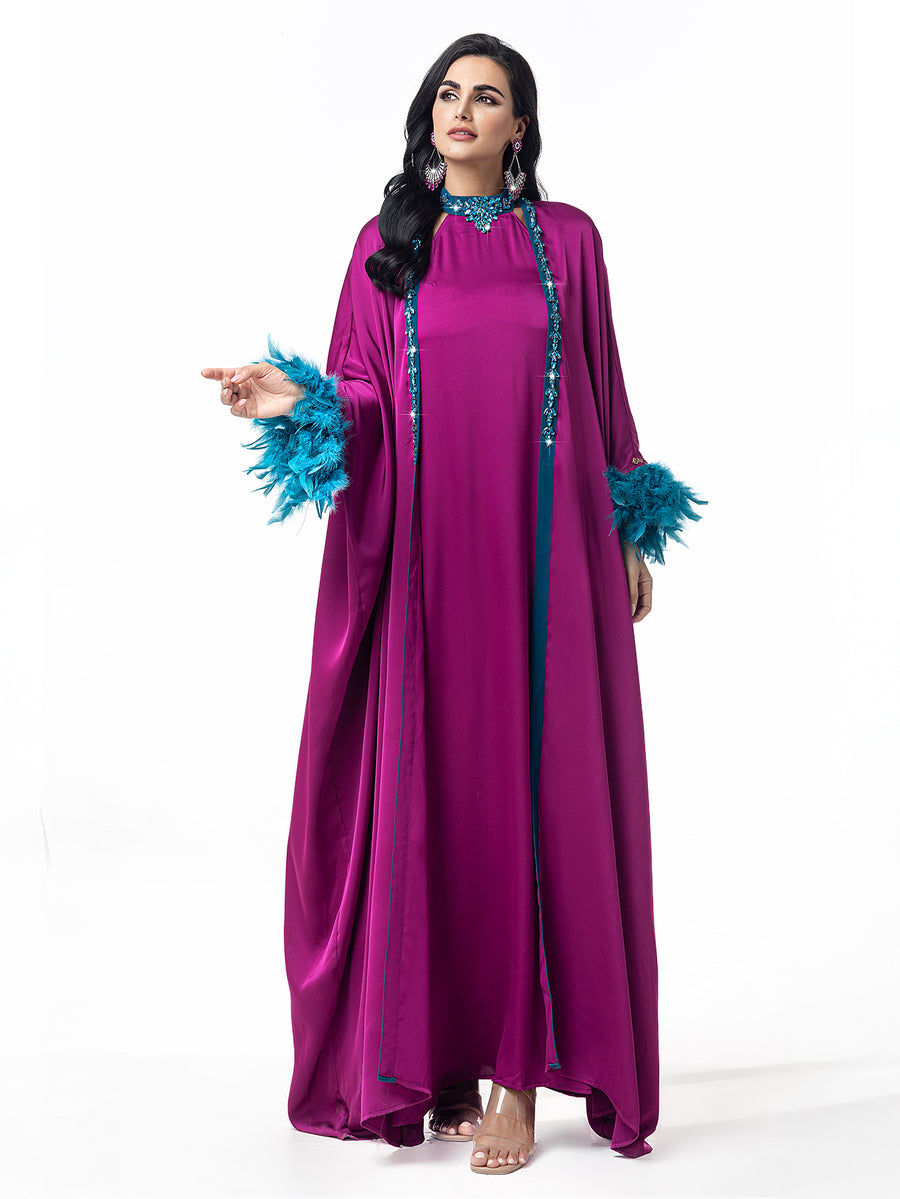 Embellished Dress and Abaya Two-Piece Set in Fuchsia - front full-length view with teal feather cuffs