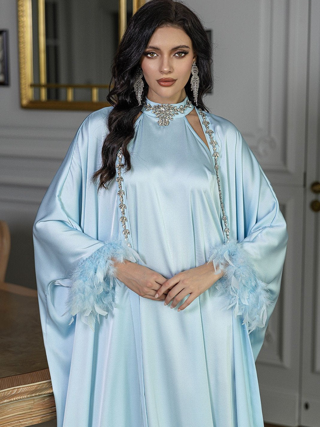 Embellished Dress and Abaya Two-Piece Set in Blue - close-up of the neckline and outer layer