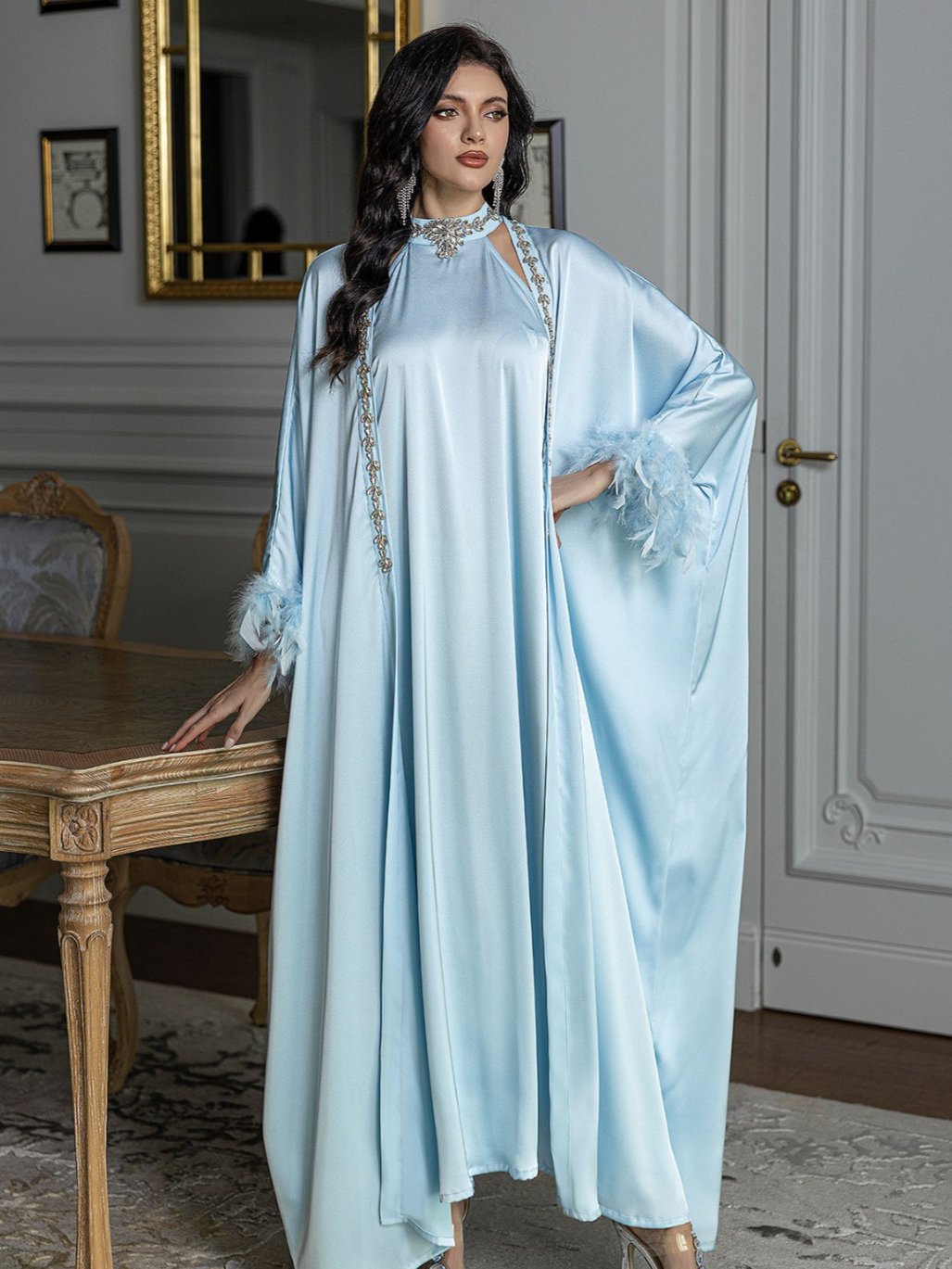 Embellished Dress and Abaya Two-Piece Set in Blue - full-length view with open outer layer