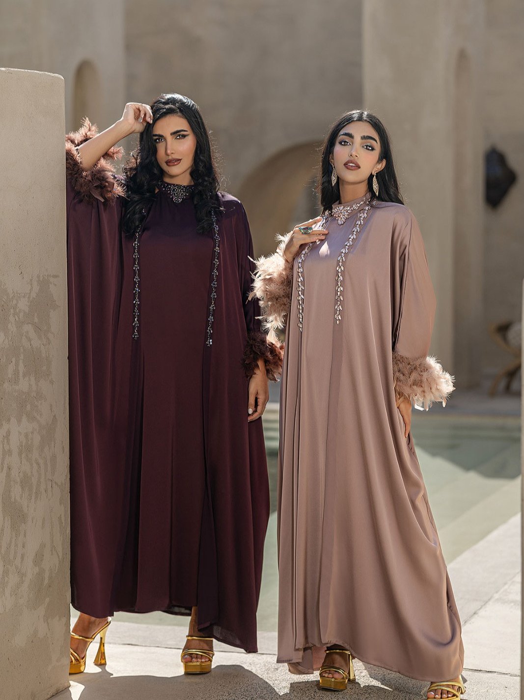 Embellished Dress and Abaya Two-Piece Set - Burgundy and Milk Tea colour options shown together