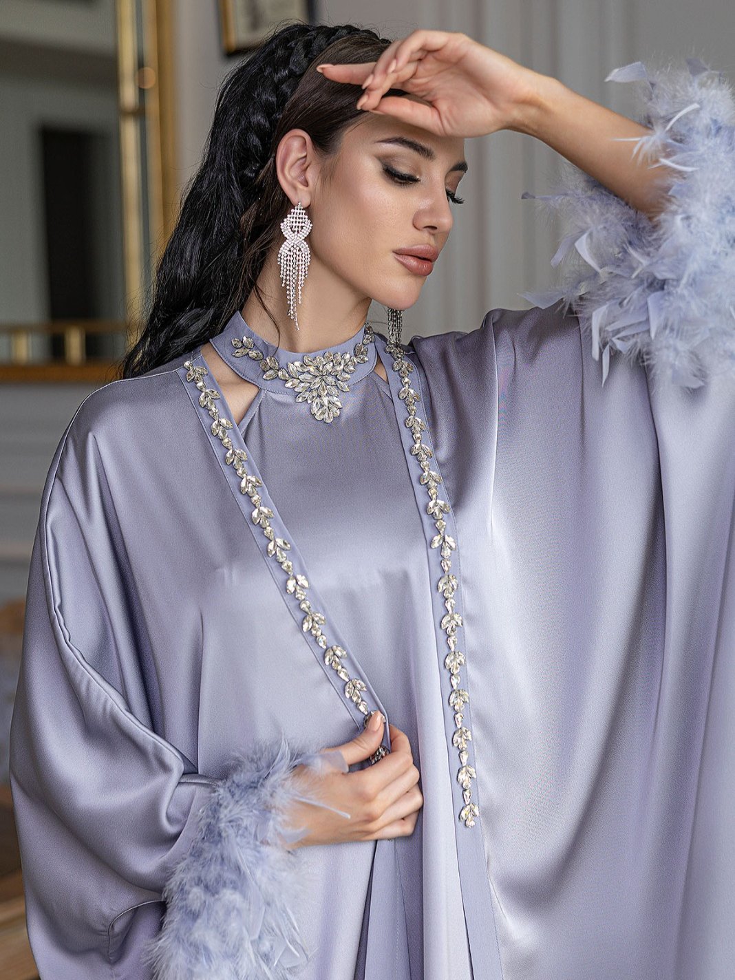 Embellished Dress and Abaya Two-Piece Set in Gray - close-up of the embellished neckline and cuff