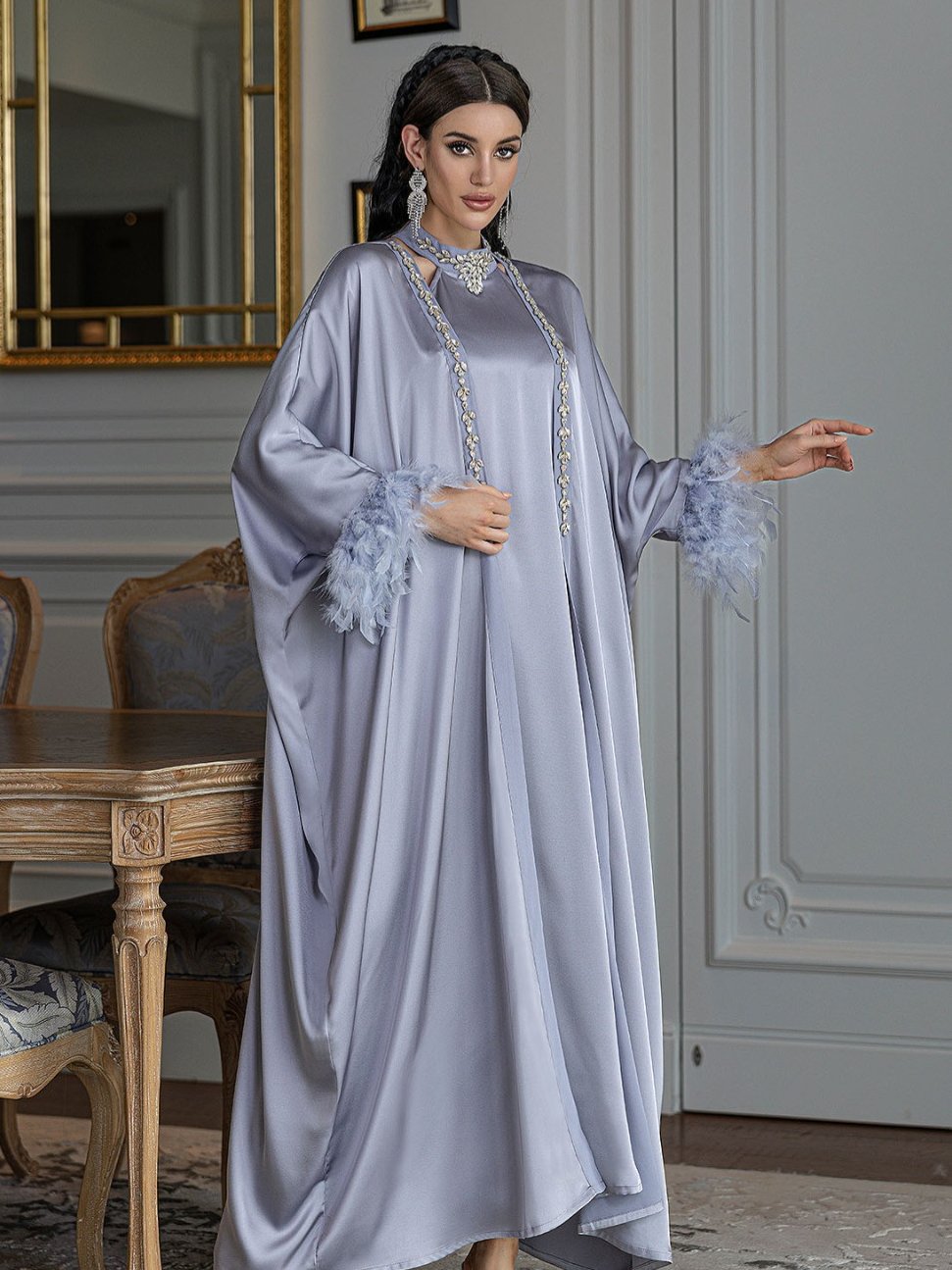 Embellished Dress and Abaya Two-Piece Set in Gray - full-length view with matching feather cuffs
