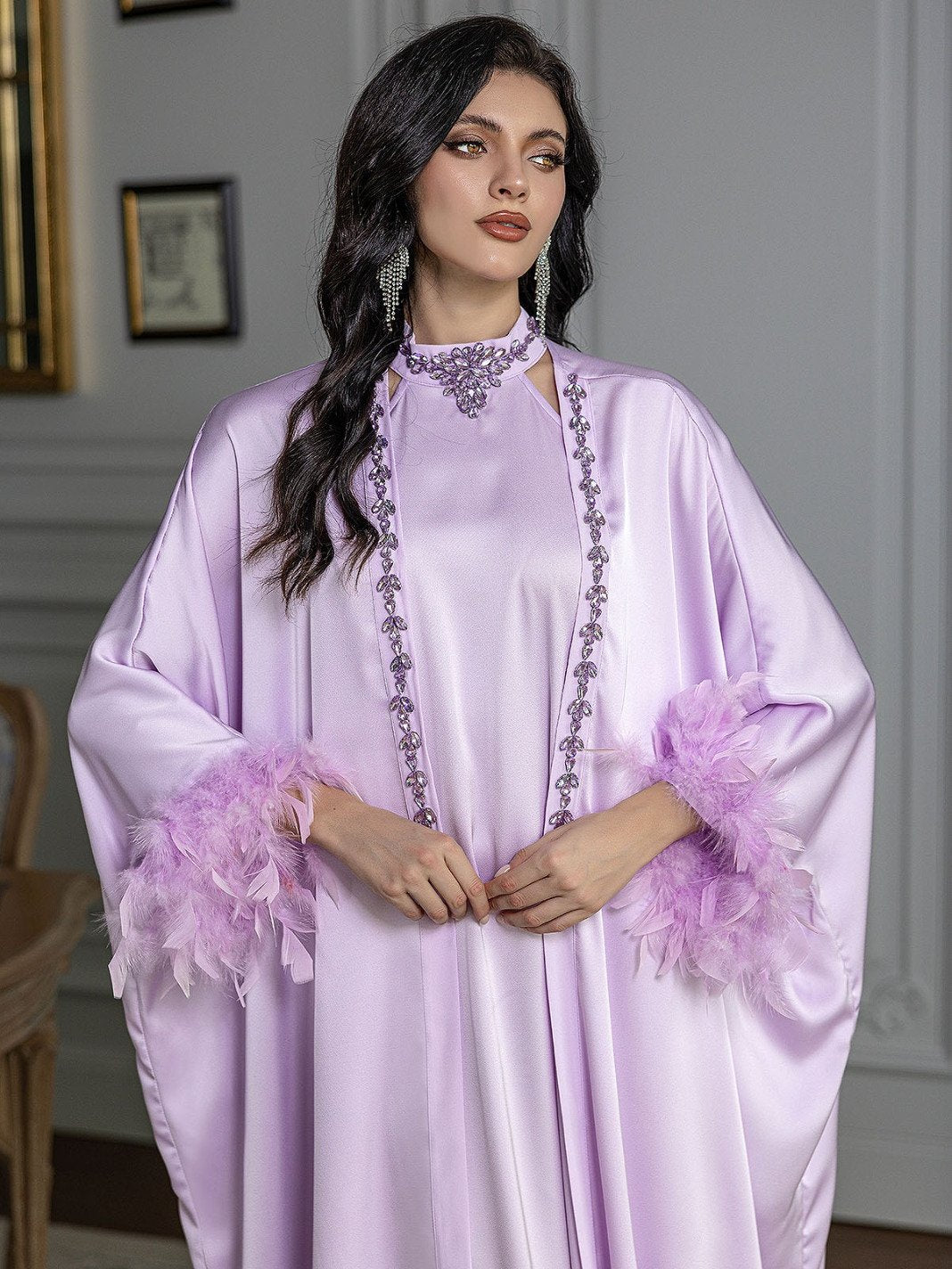 Embellished Dress and Abaya Two-Piece Set in Lavender - close-up of the embellished front and feather cuffs