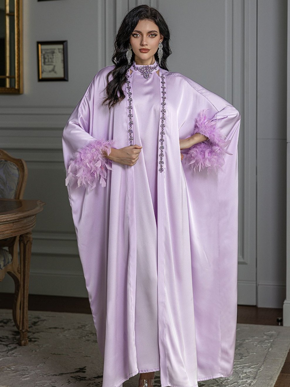 Embellished Dress and Abaya Two-Piece Set in Lavender - full-length view of the outer layer and dress
