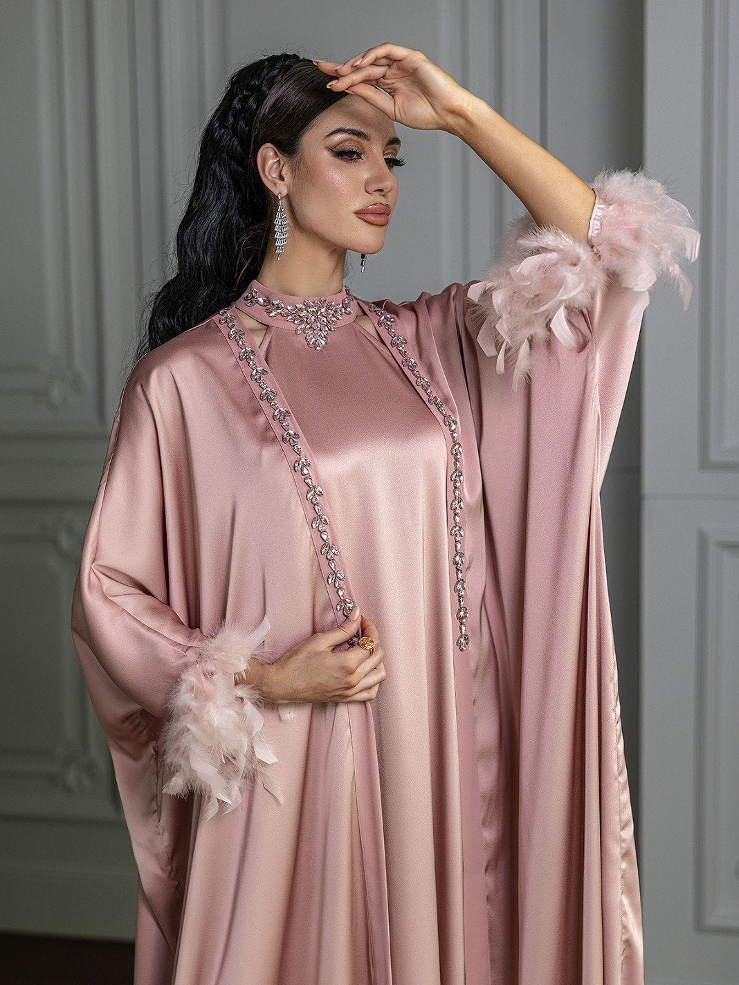 Embellished Dress and Abaya Two-Piece Set in Pink - close-up showing the neckline and feather cuff