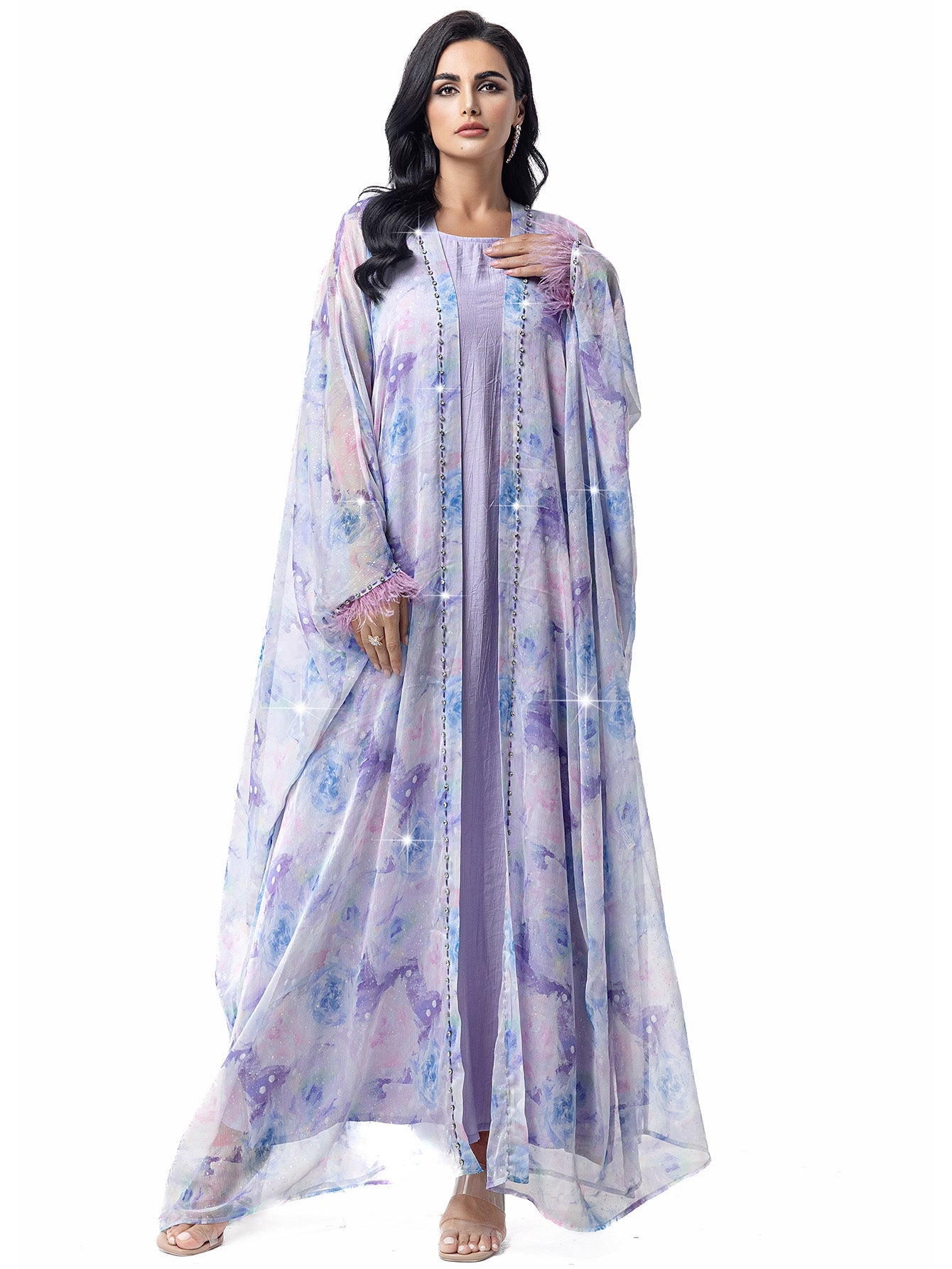 15119 Hand-Swen Bead Embellishments Rhinestone Long Abaya, Elegant Modest Vacation, Long Sleeve,Kimono Sleeve, Tie Dye, Cardigan Collar,