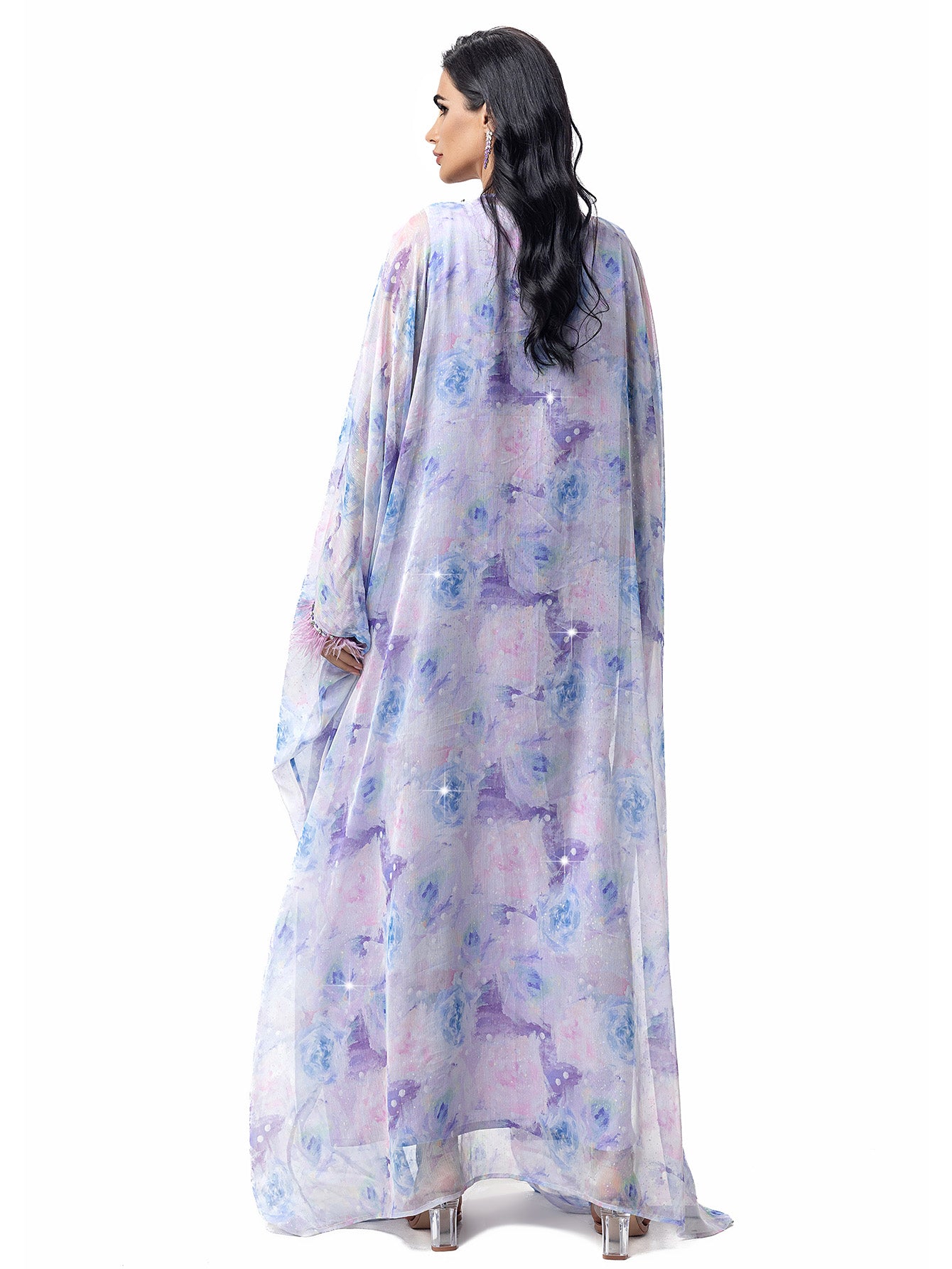 15119 Hand-Swen Bead Embellishments Rhinestone Long Abaya, Elegant Modest Vacation, Long Sleeve,Kimono Sleeve, Tie Dye, Cardigan Collar,