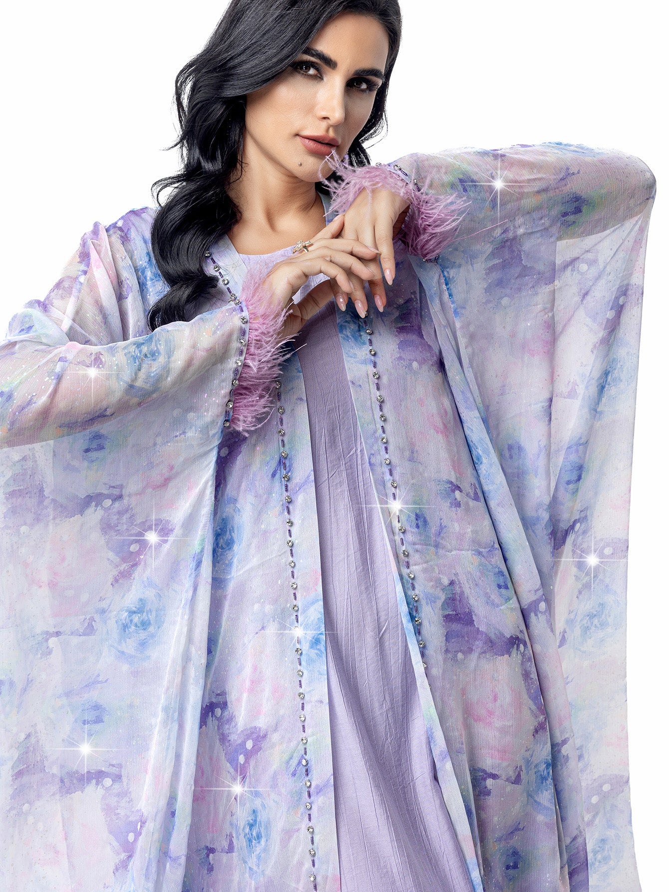 15119 Hand-Swen Bead Embellishments Rhinestone Long Abaya, Elegant Modest Vacation, Long Sleeve,Kimono Sleeve, Tie Dye, Cardigan Collar,