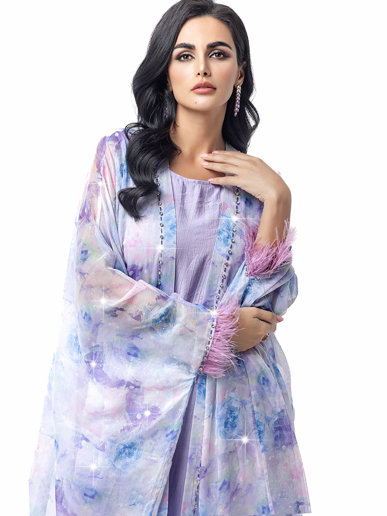 15119 Hand-Swen Bead Embellishments Rhinestone Long Abaya, Elegant Modest Vacation, Long Sleeve,Kimono Sleeve, Tie Dye, Cardigan Collar,