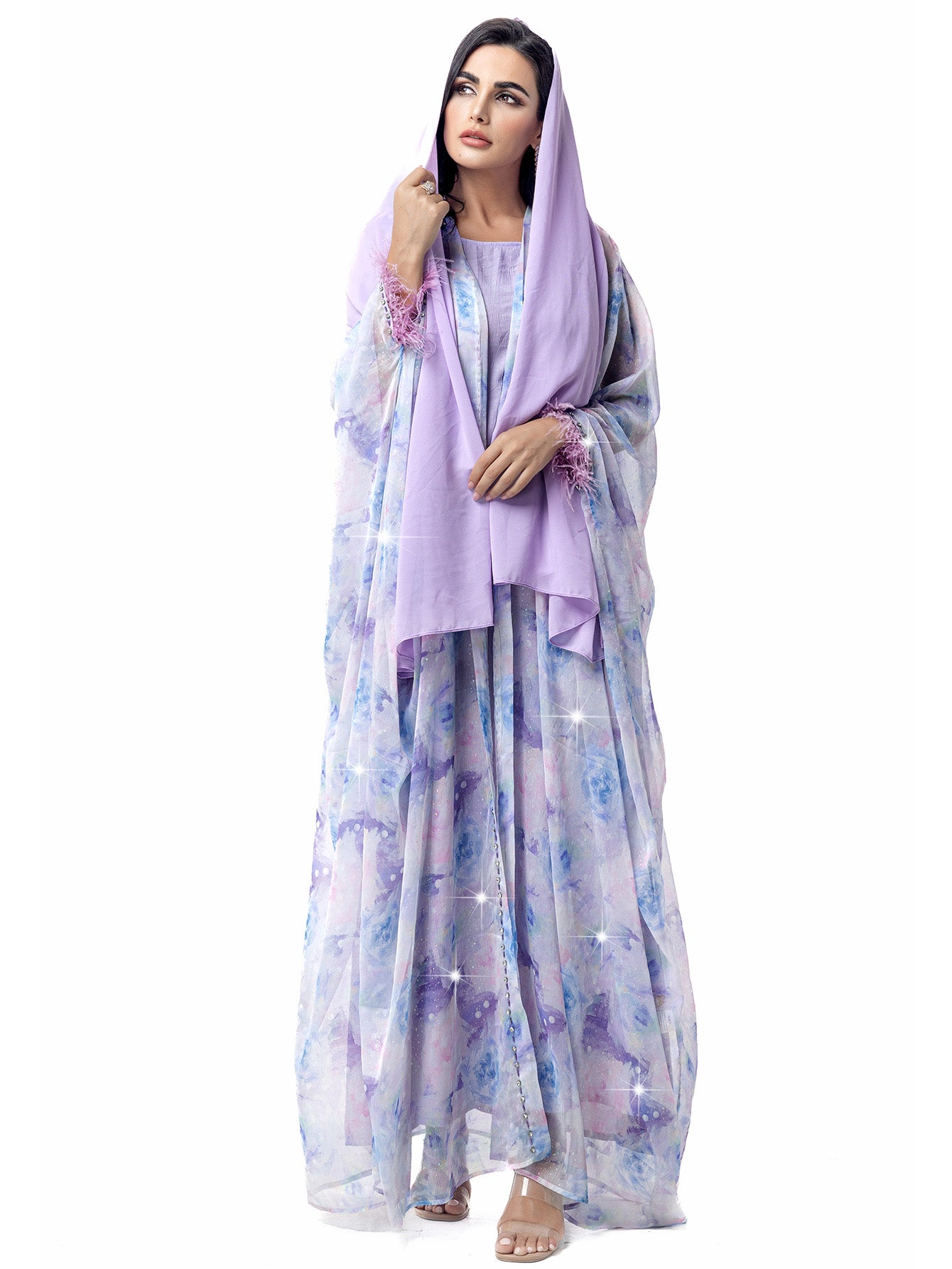 15119 Hand-Swen Bead Embellishments Rhinestone Long Abaya, Elegant Modest Vacation, Long Sleeve,Kimono Sleeve, Tie Dye, Cardigan Collar,