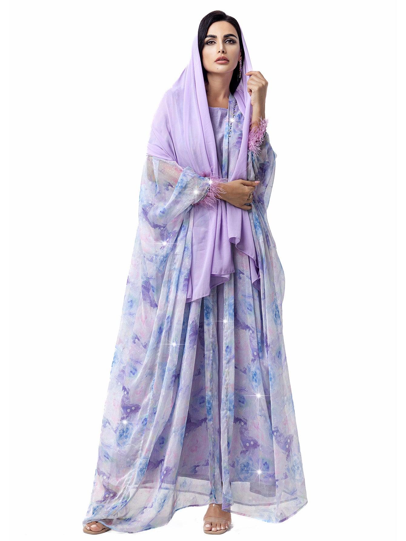 15119 Hand-Swen Bead Embellishments Rhinestone Long Abaya, Elegant Modest Vacation, Long Sleeve,Kimono Sleeve, Tie Dye, Cardigan Collar,