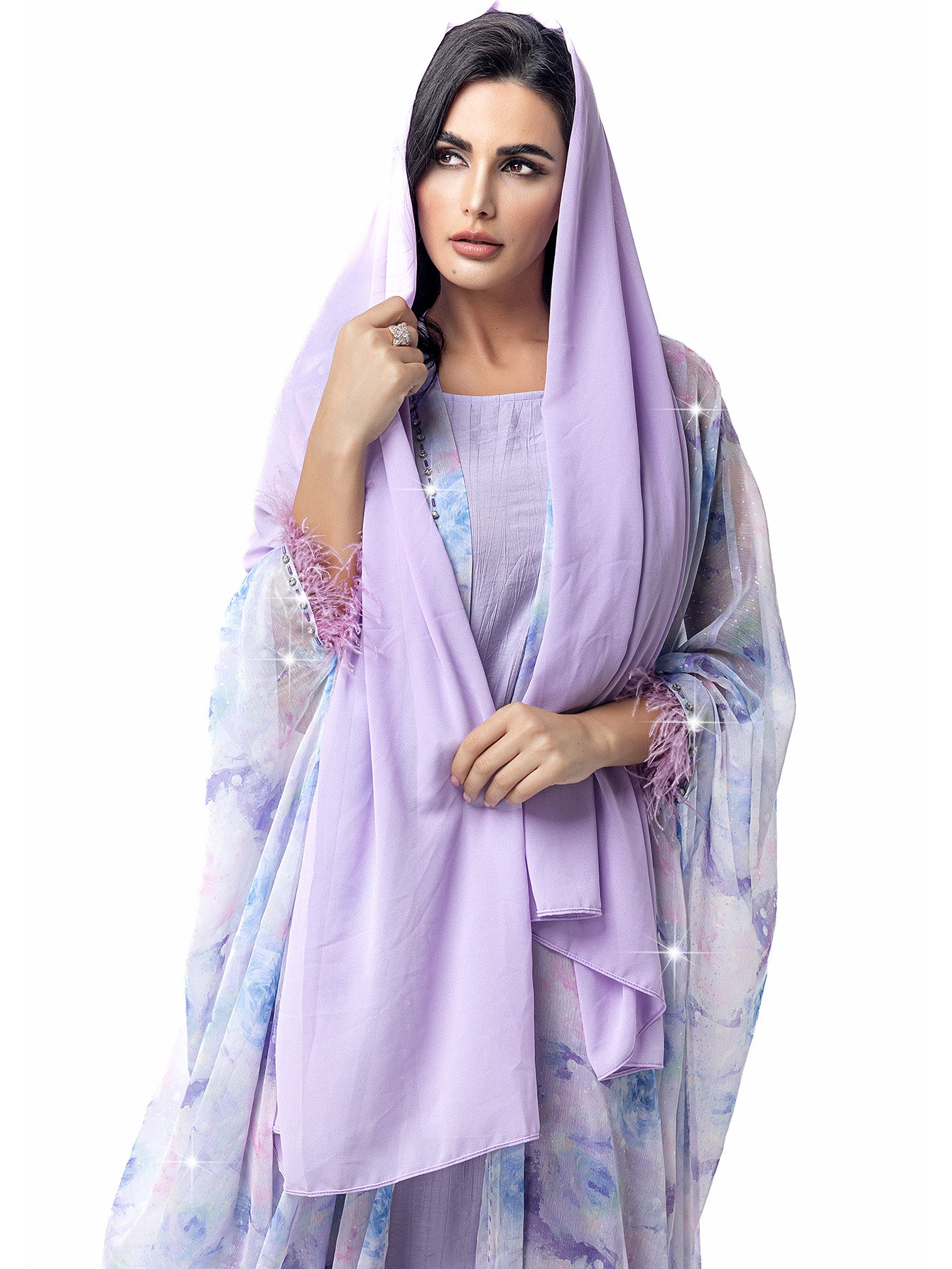 15119 Hand-Swen Bead Embellishments Rhinestone Long Abaya, Elegant Modest Vacation, Long Sleeve,Kimono Sleeve, Tie Dye, Cardigan Collar,