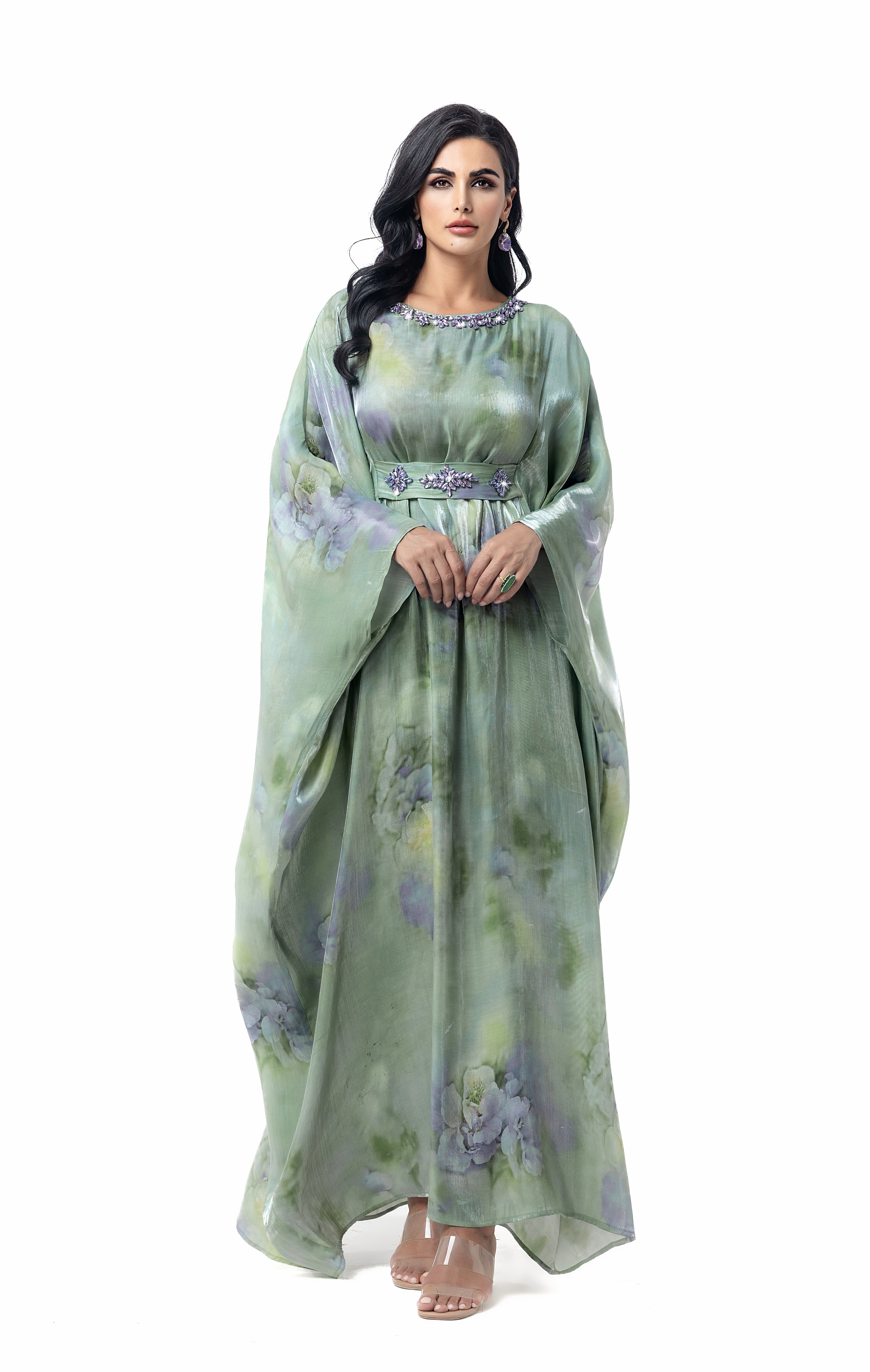 15127 Hand-Swen Bead Embellshments Rhinestone Long Abaya,  Elegant Modest Rmantic Glamorous Vacation Fantasy  Long Sleeve