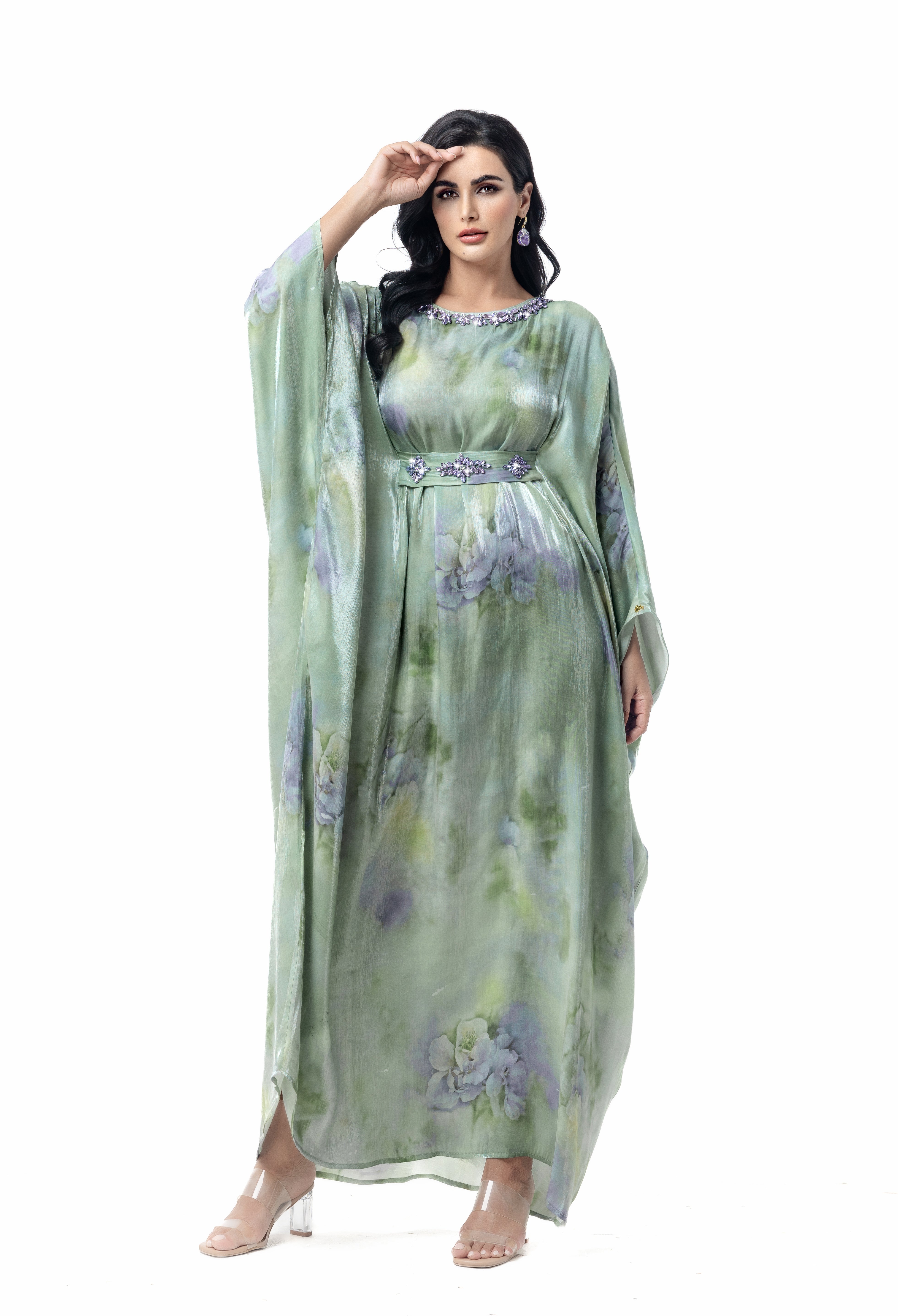 15127 Hand-Swen Bead Embellshments Rhinestone Long Abaya,  Elegant Modest Rmantic Glamorous Vacation Fantasy  Long Sleeve