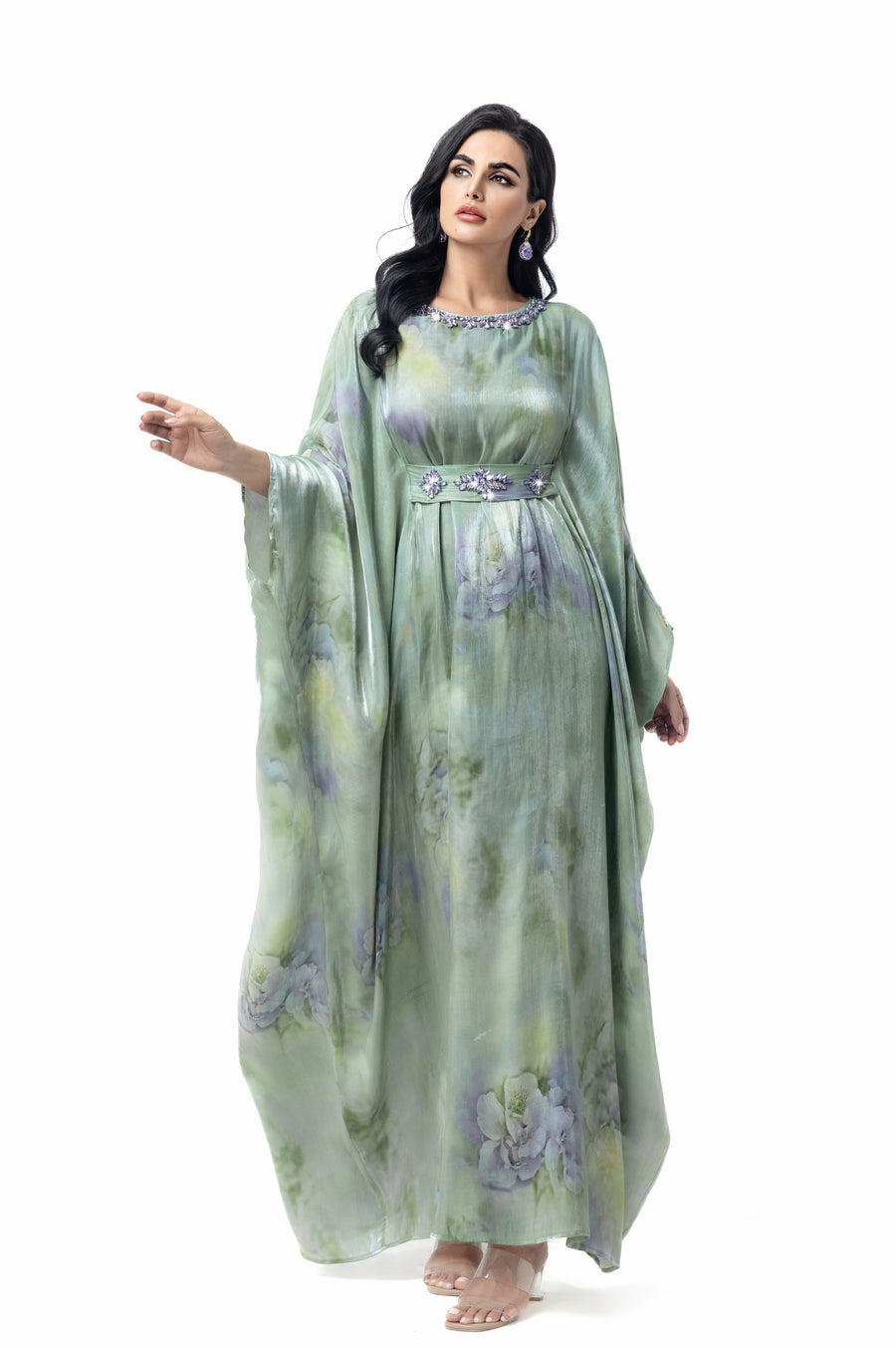 Green Printed Batwing Kaftan - front full-length view with flowing sleeves