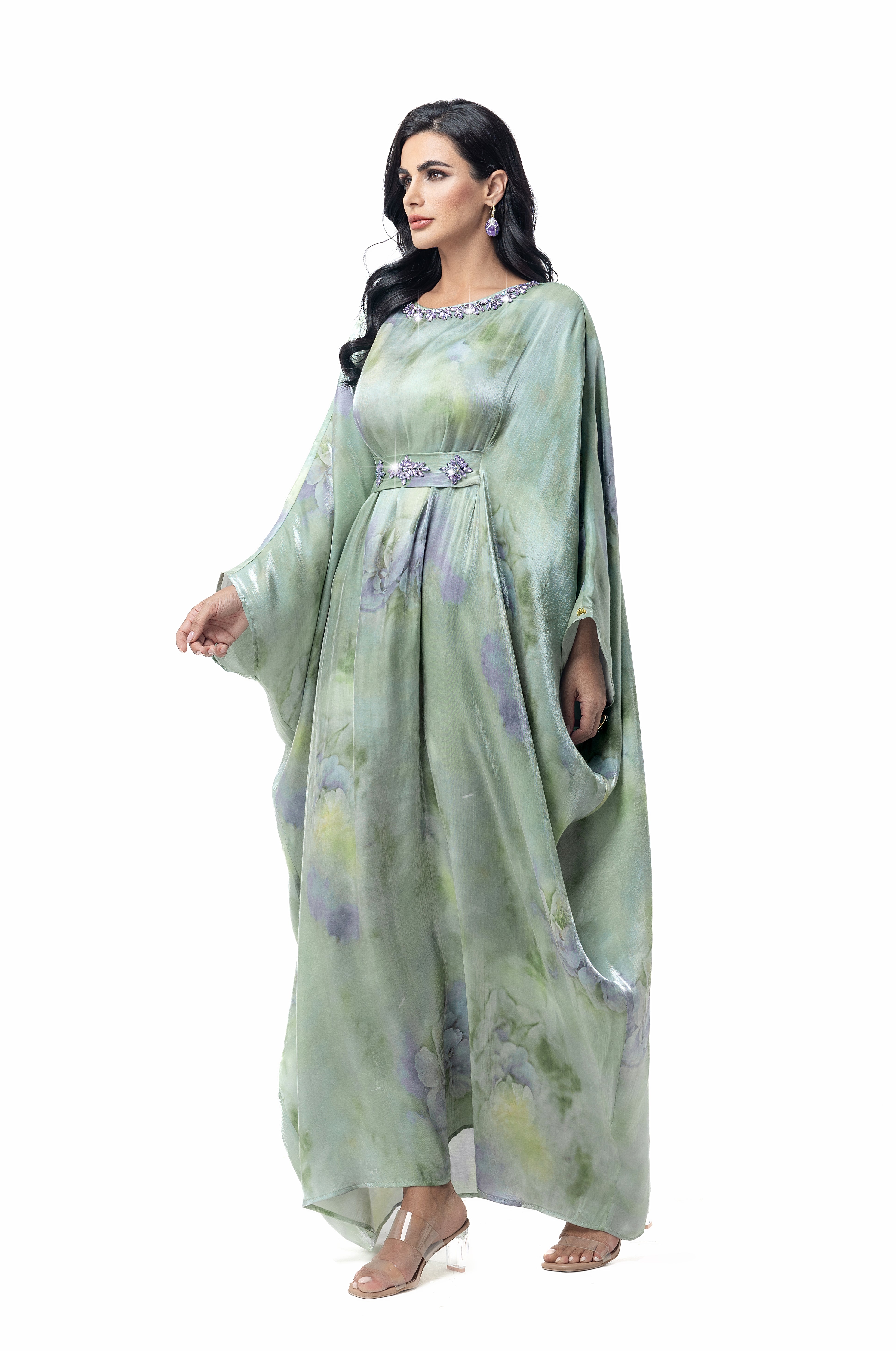 15127 Hand-Swen Bead Embellshments Rhinestone Long Abaya,  Elegant Modest Rmantic Glamorous Vacation Fantasy  Long Sleeve