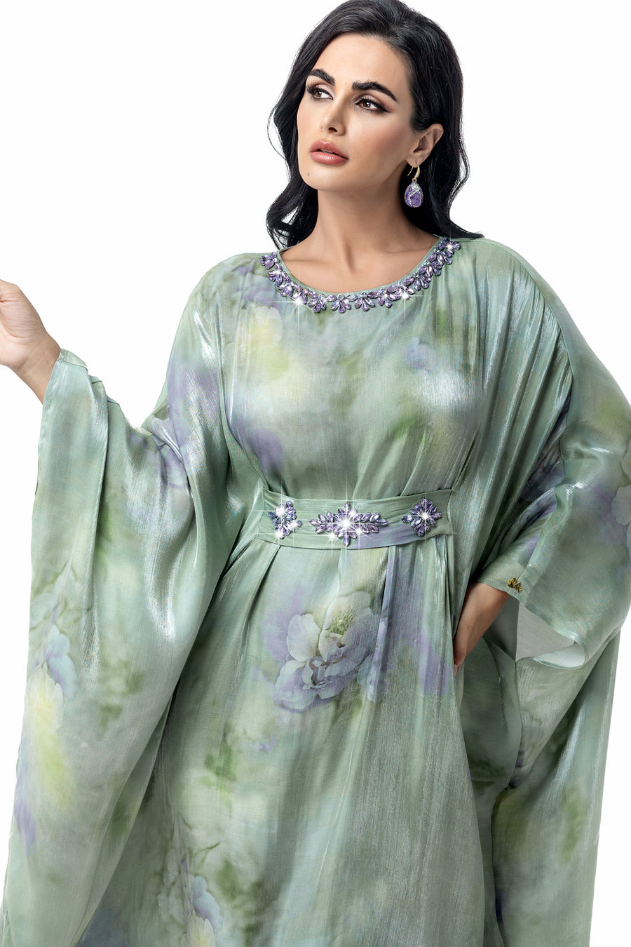 Green Printed Batwing Kaftan - upper-body view showing the neckline and embellished belt