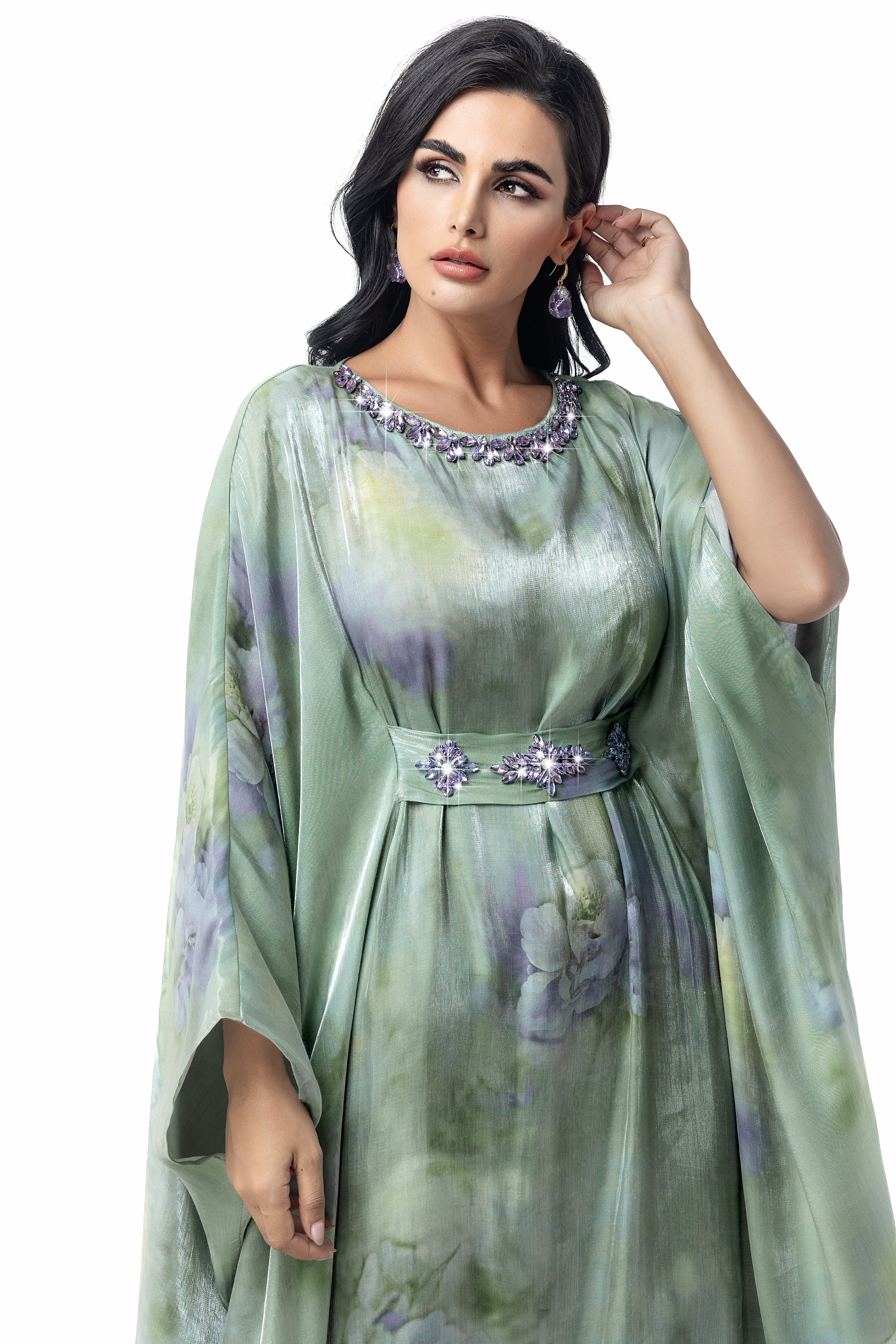 15127 Hand-Swen Bead Embellshments Rhinestone Long Abaya,  Elegant Modest Rmantic Glamorous Vacation Fantasy  Long Sleeve