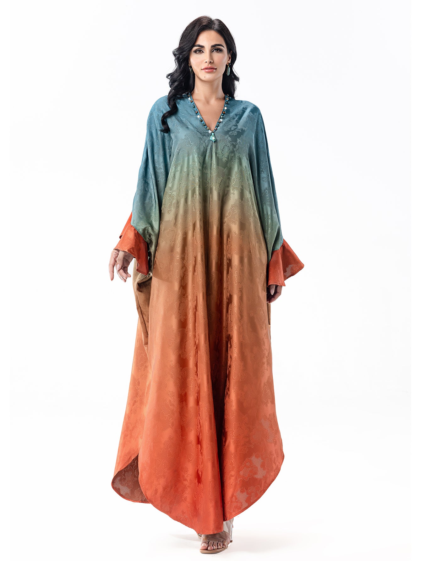 5070Hand-Swen Bead Embellshments Rhinestone Long Abaya,  Elegant Modest Rmantic Glamorous Vacation Fantasy  Long Sleeve