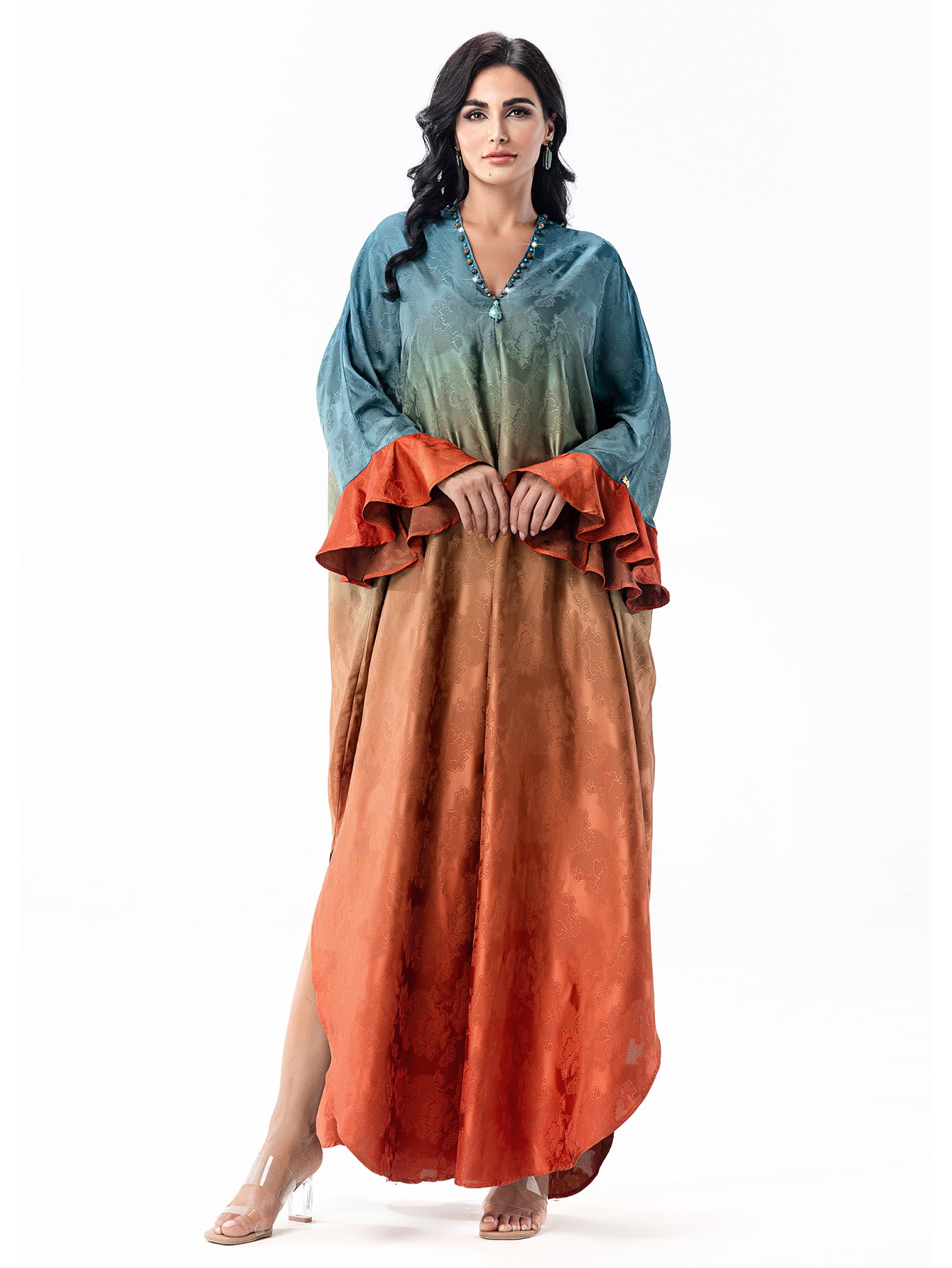 5070Hand-Swen Bead Embellshments Rhinestone Long Abaya,  Elegant Modest Rmantic Glamorous Vacation Fantasy  Long Sleeve