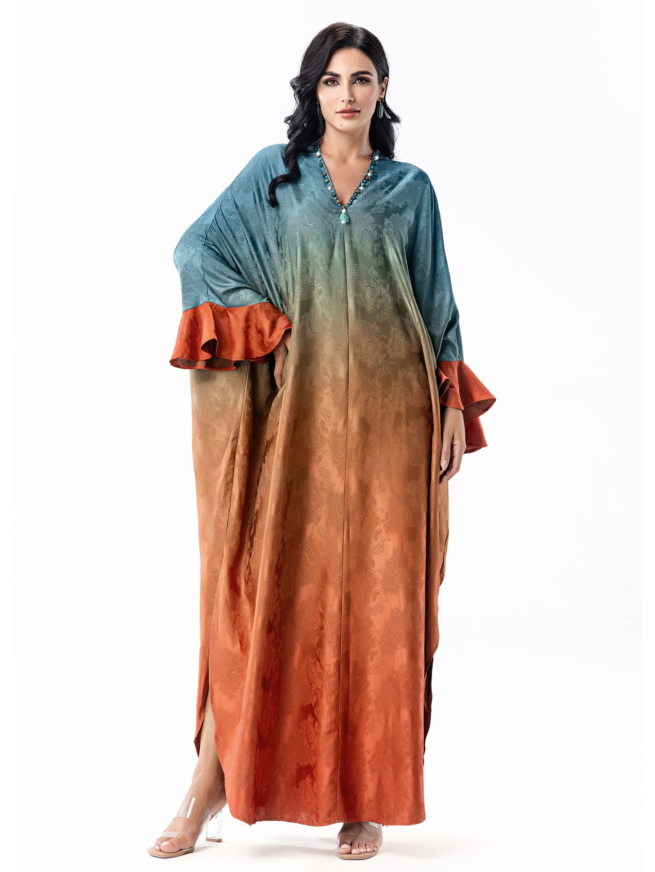 5070Hand-Swen Bead Embellshments Rhinestone Long Abaya,  Elegant Modest Rmantic Glamorous Vacation Fantasy  Long Sleeve