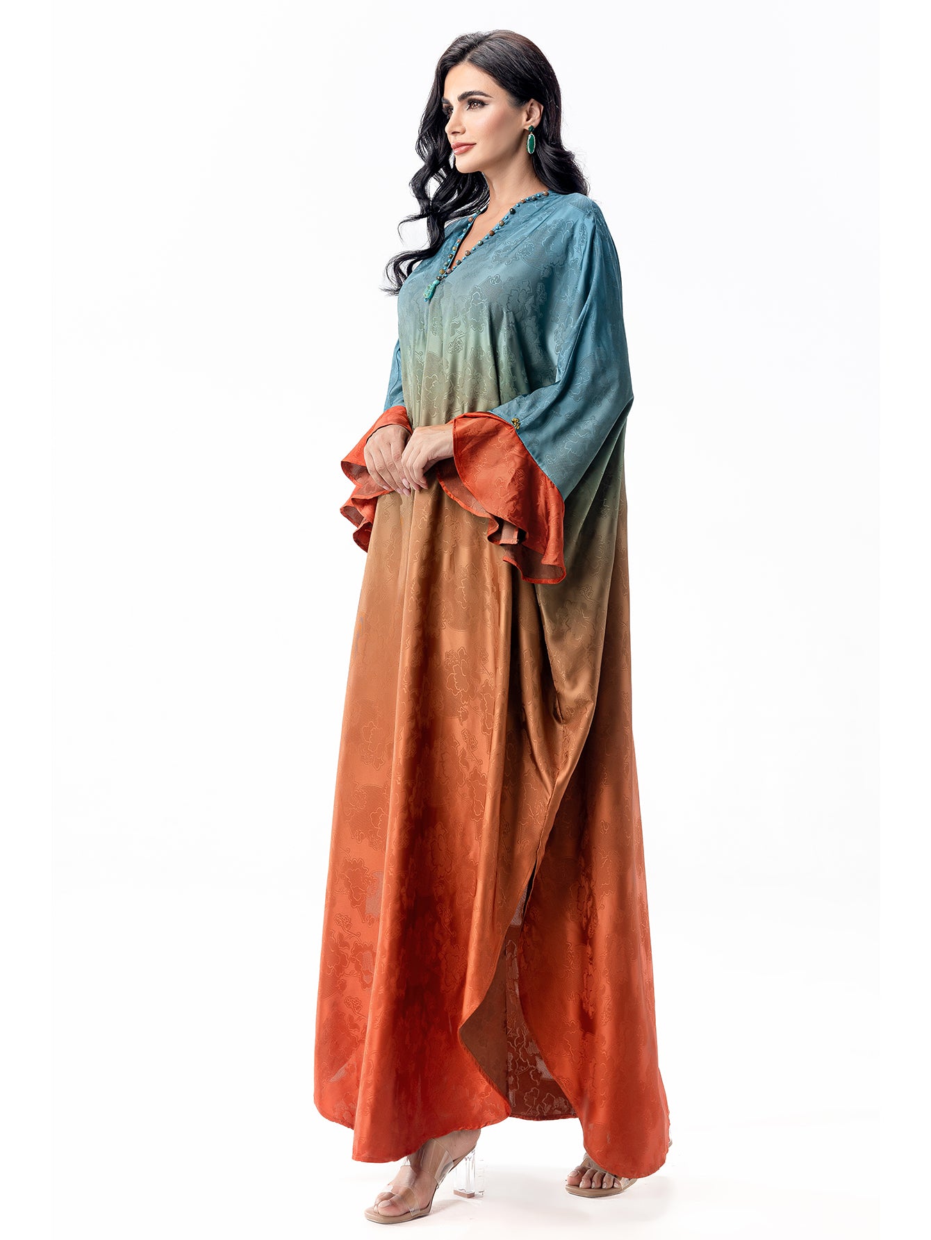 5070Hand-Swen Bead Embellshments Rhinestone Long Abaya,  Elegant Modest Rmantic Glamorous Vacation Fantasy  Long Sleeve