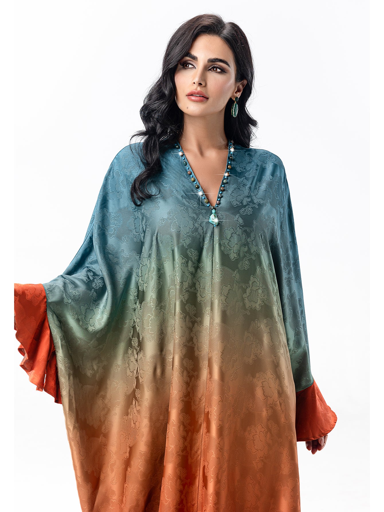5070Hand-Swen Bead Embellshments Rhinestone Long Abaya,  Elegant Modest Rmantic Glamorous Vacation Fantasy  Long Sleeve