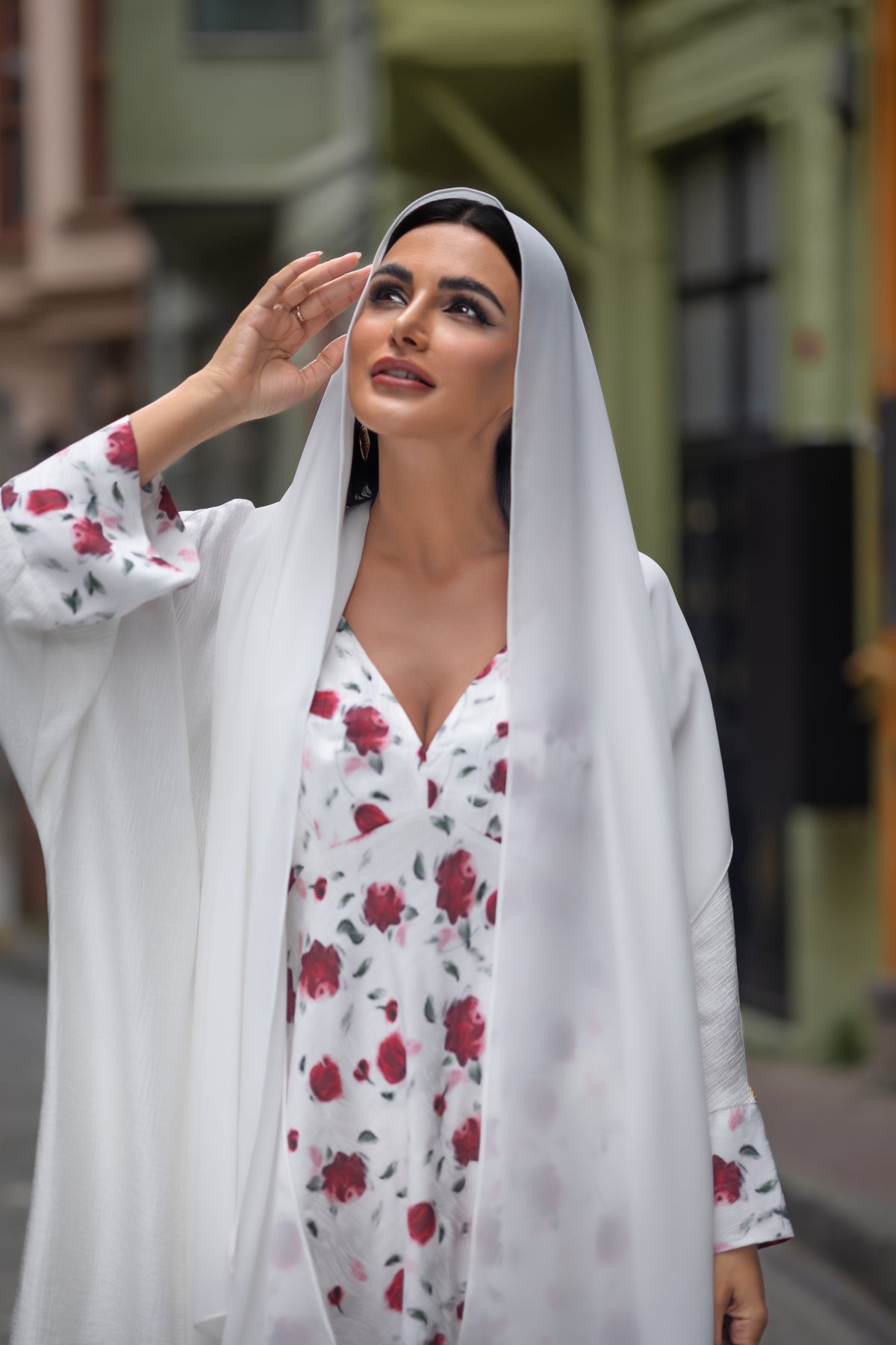 BA5101 abaya set Embroidered Print Flared Maxi Dress with Textured Cotton-Silk Blend, Open Front Robe, and Headscarf Three-Piece Set