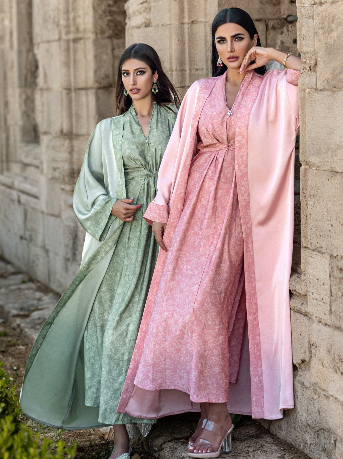 BA5031 Abaya set Satin Jacquard Open Front Coat with Comfortable, Breathable, Skin-Friendly Print Waist-Defining Dress Two-Piece Set
