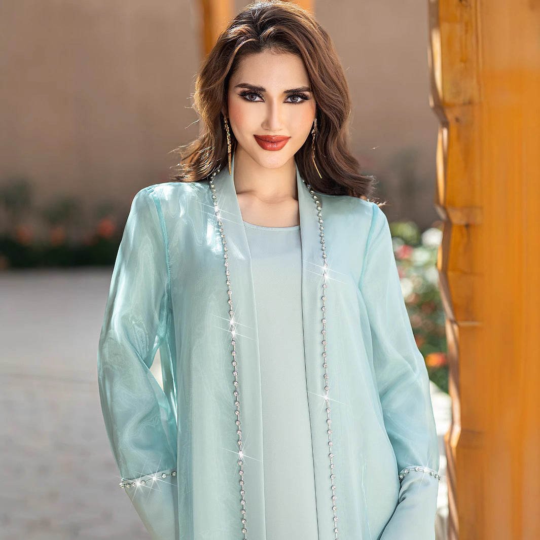 15188 Mint green organza two-piece cardigan dress in stock
