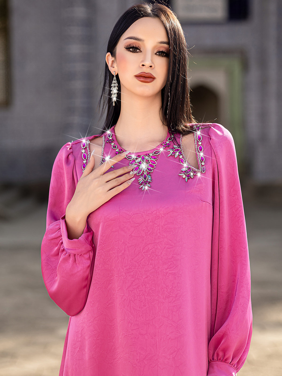 15203 four-season hand-sewn diamond new fashionable loose solid color lantern sleeve dress