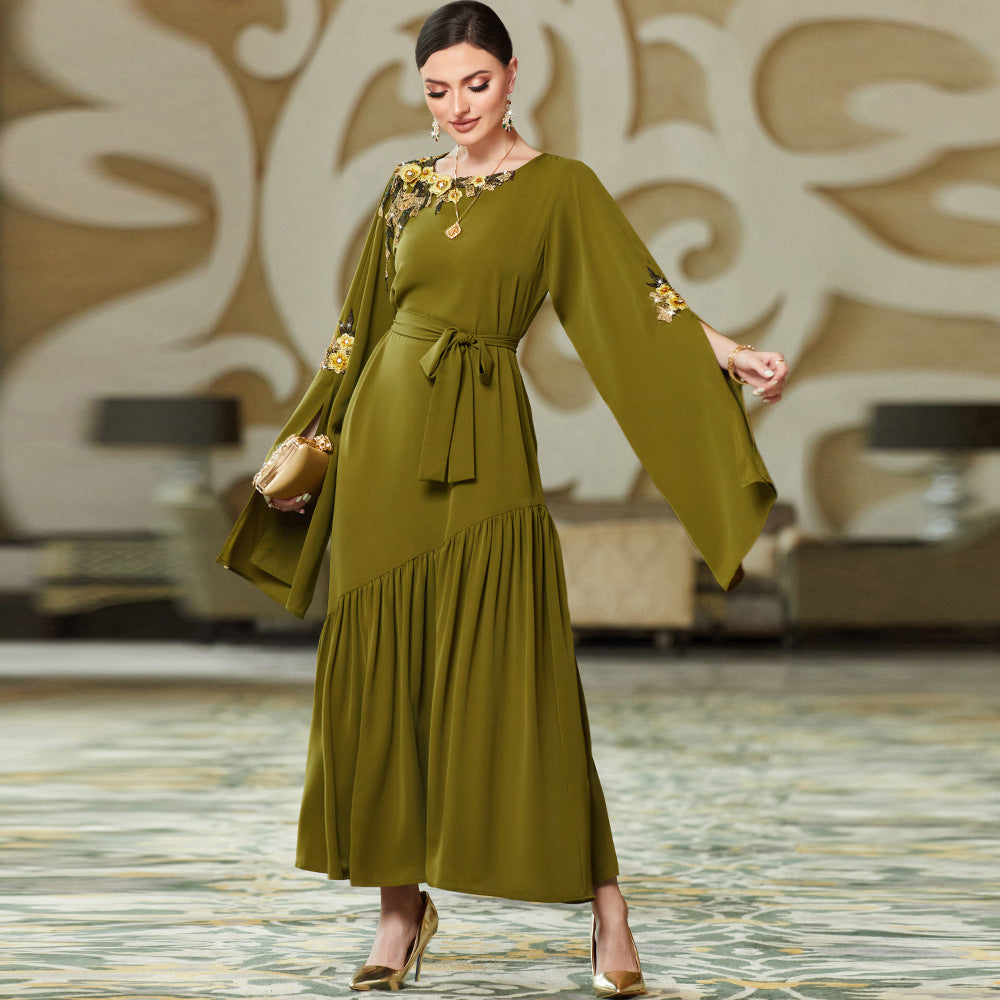 BA3048 New Army Green Middle East Super Long Sleeve Embroidered Decal Dress, Dubai Dress