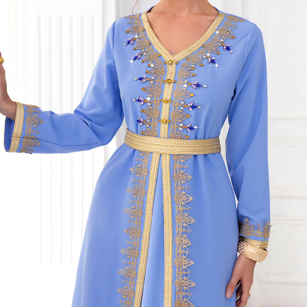 BA9028 light blue webbing hand-sewn diamond long-sleeved fake two-piece dress, spring travel, elegant and fashionable long dress