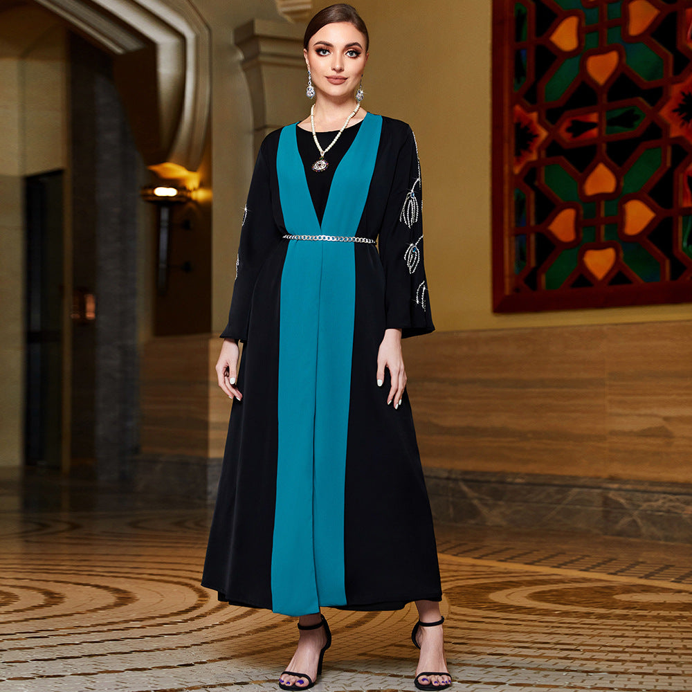 3006 Modern Black-Turquoise Color-Block Abaya Dress | Unique Tailoring & Beaded Details, Lead Fashion Trends