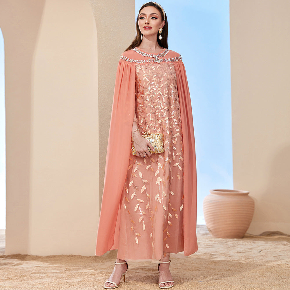 BA2510 orange pink leaf mesh embroidered fashion cape fake two-piece dress dubai lady long dress