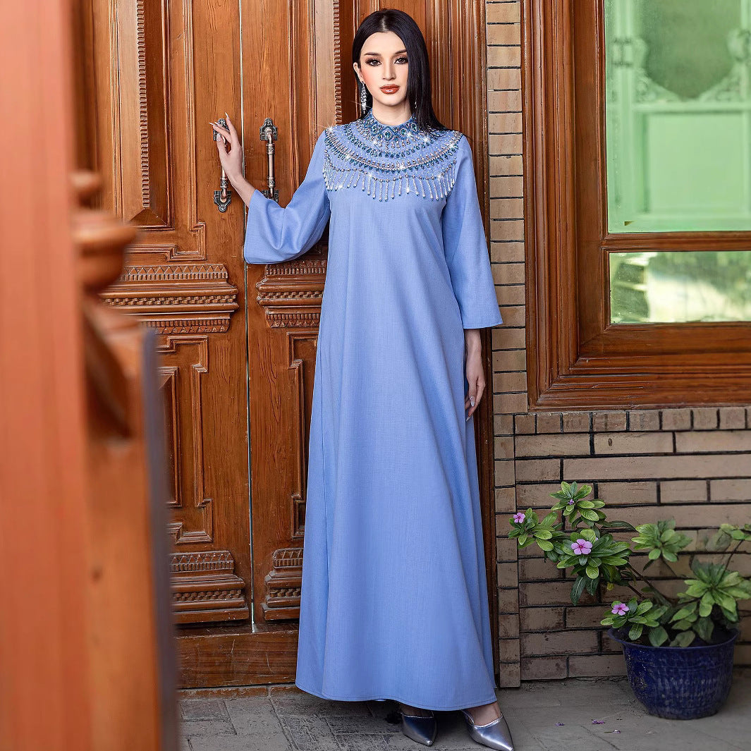 15134 new semi-turtleneck heavy industry party dress Middle East new fashion MUSILIN long dress