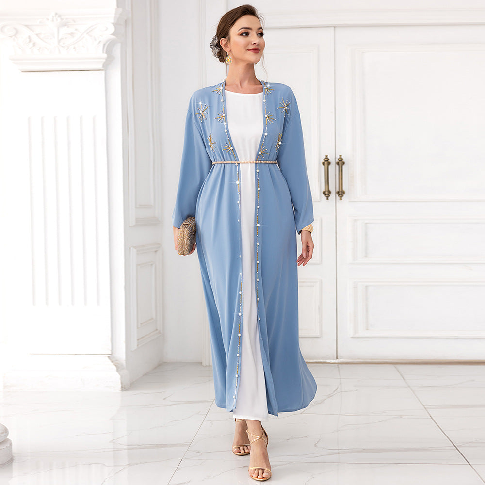 BA7016 new arabic cardigan with hand-sewn diamond abaya kimono middle eastern women's clothing